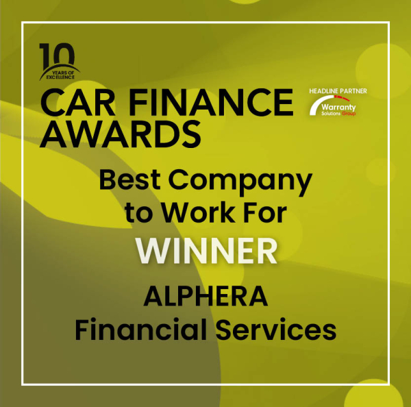 Car finance award certificate - best company to work for category winner is ALPHERA Financial Services